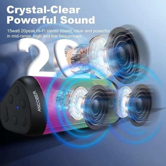Ancober Bluetooth Speaker, Wireless, 15W Stereo Sound, IPX4 Waterproof New